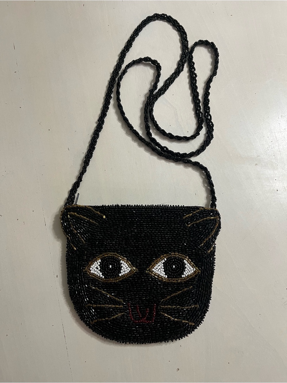Black Beaded Cat Face Crossbody Purse